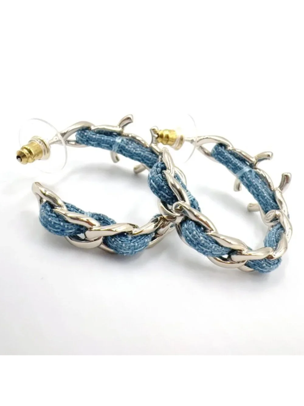 Chanel CC Logo Hoop Metal Denim Silver Blue Earrings